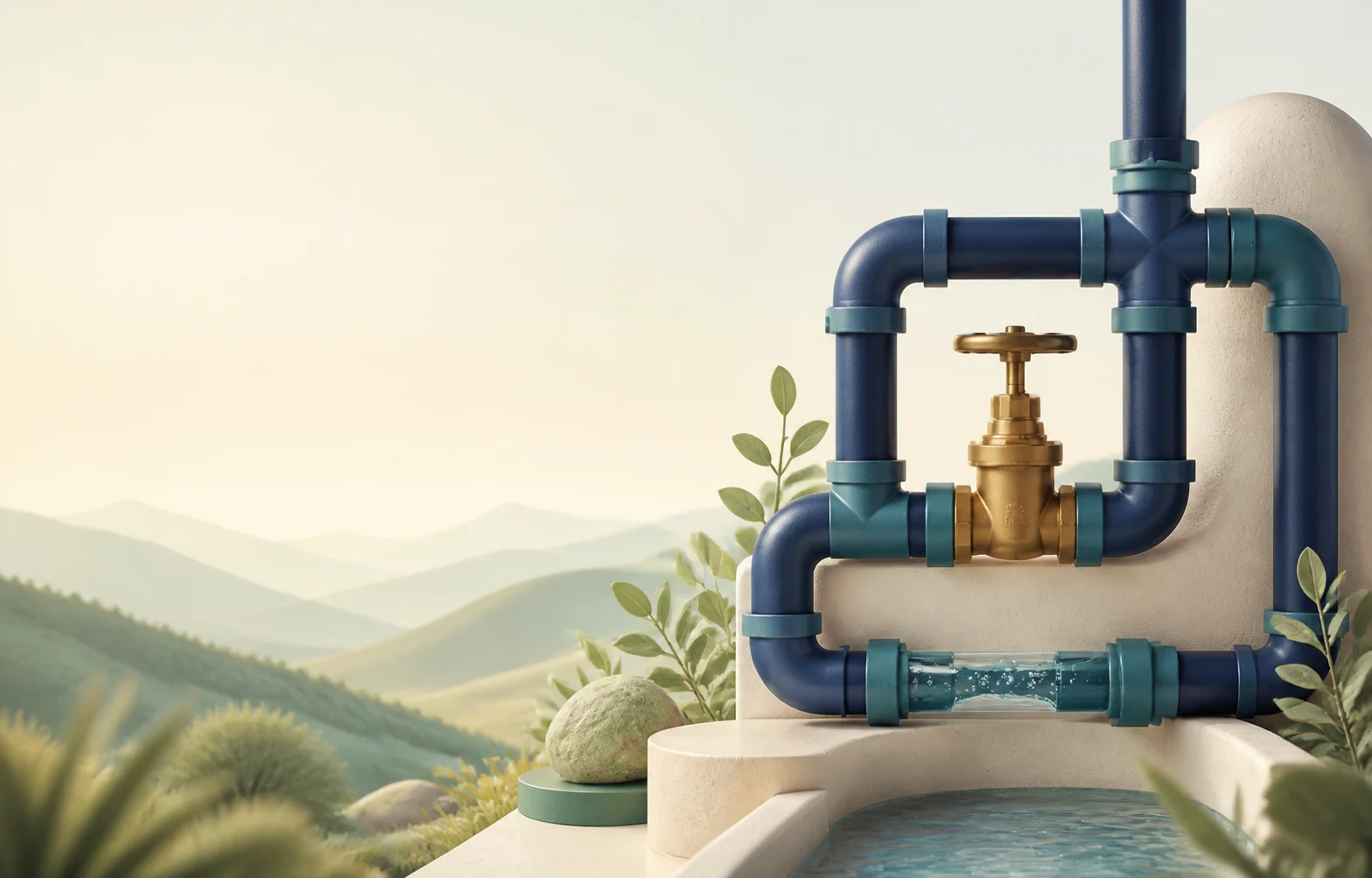 Conceptual navy and teal pipe route against abstract Southern Oregon foothills